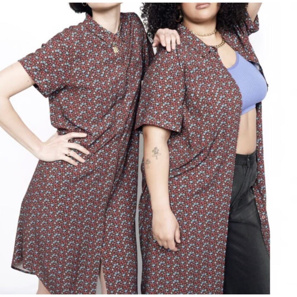 Wildfang The Empower Short Sleeve Shirt Dress Medium Unisex Floral Cinnamon NWT - Picture 2 of 5